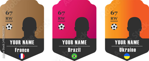 football player cards with country flags of France, Brazil, and Ukraine. Vector design