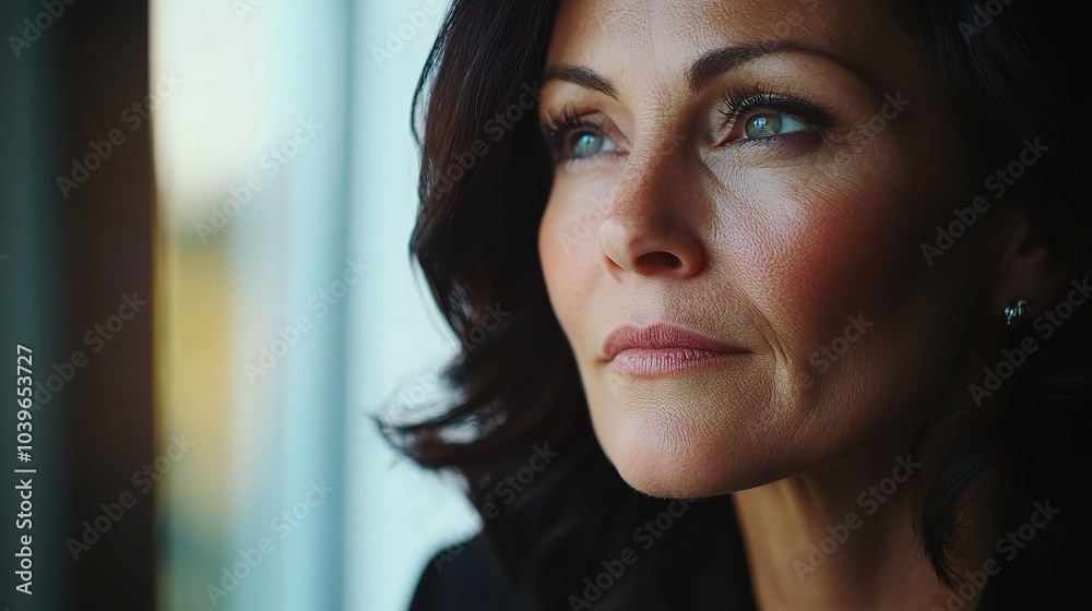 Thoughtful Woman Gazing Out of Window Thoughtful Woman Gazing Out of Window