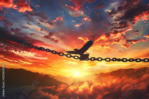 Freedom concept  Silhouette of bird flying and broken chains at autumn mountain sunset background