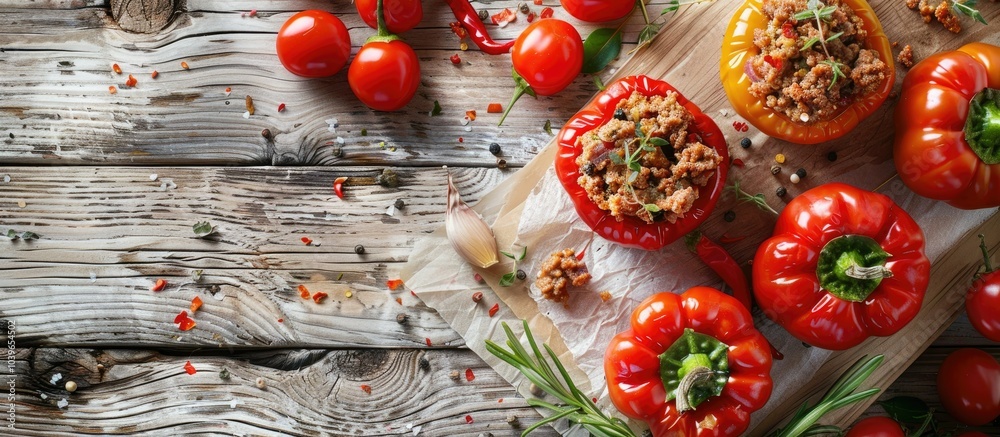 Flat lay arrangement of raw stuffed peppers with ground meat and ingredients on a light wooden table offering ample copy space for text Flat lay arrangement of raw stuffed peppers with ground meat and ingredients on a light wooden table offering ample copy space for text