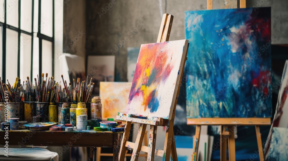 A vibrant art studio with painting easels and various art supplies, Creative artistic expression style, photo of A vibrant art studio with painting easels and various art supplies, Creative artistic expression style, photo of