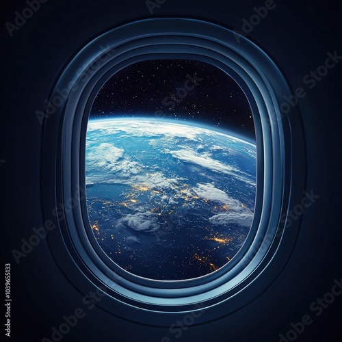Earth in a space ship window porthole