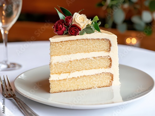 Elegant wedding cake slice with smooth buttercream frosting and delicate details, perfect for any celebration.
