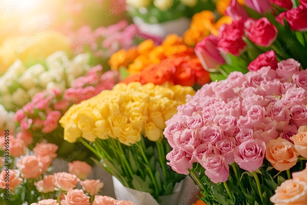 Vibrant Floral Bouquets Brightening a Flower Shop with Captivating Sunlight and Elegant Arrangements Vibrant Floral Bouquets Brightening a Flower Shop with Captivating Sunlight and Elegant Arrangements