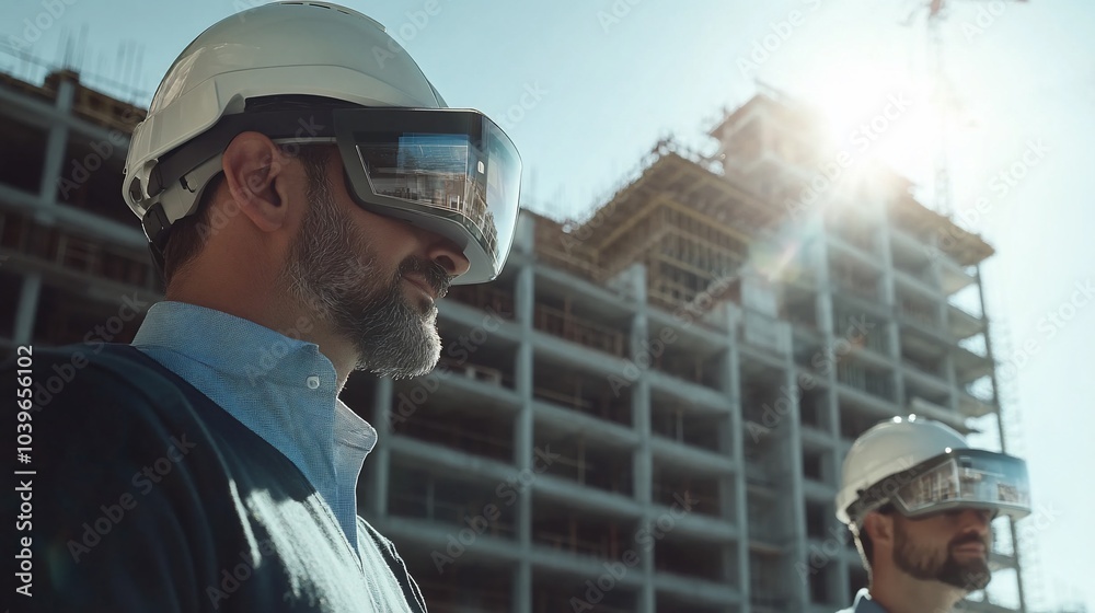 Construction workers wearing virtual reality headsets on a building site. Construction workers wearing virtual reality headsets on a building site.