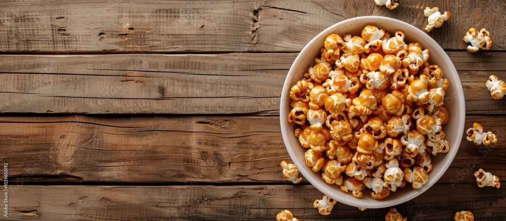 Close up image of salted caramel popcorn with caramel sauce as a topping in a bowl on a wooden backdrop specifically designed with a place for text in the copy space image Close up image of salted caramel popcorn with caramel sauce as a topping in a bowl on a wooden backdrop specifically designed with a place for text in the copy space image