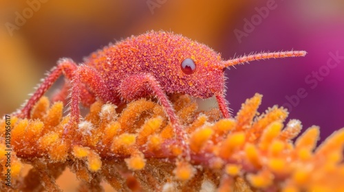  A tight shot of a small, red insect perched on a plant with vibrant yellow flowers in the front, and an out-of-focus background photo