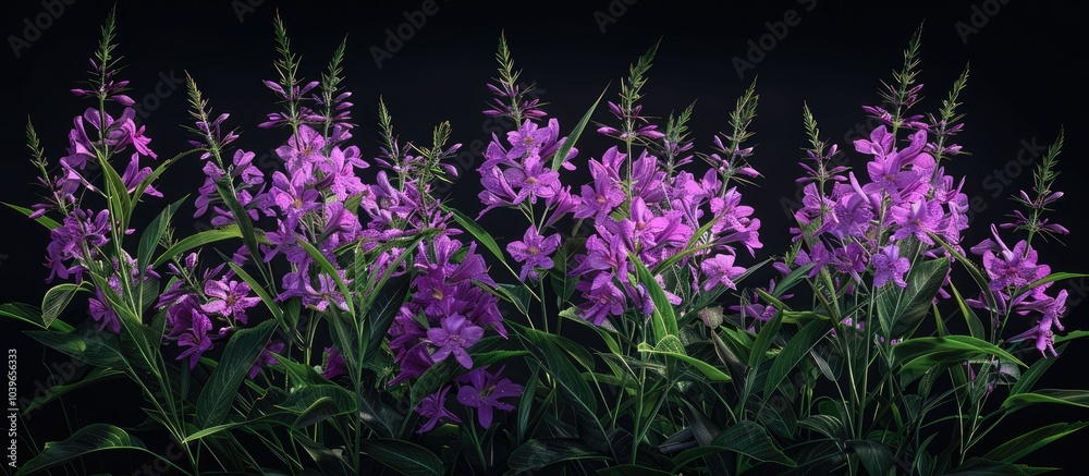 Purple flowered Fireweed plant known by many names including Rosebay Willowherb French willow and Great Willow herb providing a picturesque copy space image Purple flowered Fireweed plant known by many names including Rosebay Willowherb French willow and Great Willow herb providing a picturesque copy space image