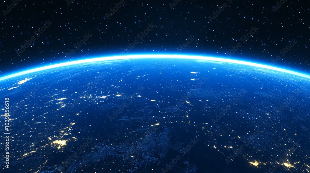 Obraz premium A view of Earth from space displays the horizon's bright city lights The city lights shine intensely, creating an illuminated band against the dark night background