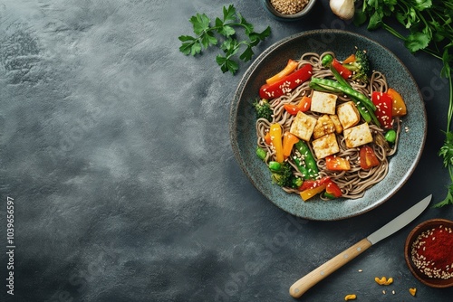 Grey Tabletop. Healthy Food Composition of Soba with Tofu and Vegetables, Garnished with Sunflower Seeds photo