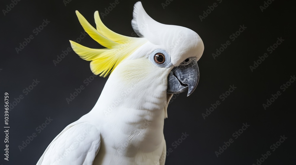 A tight shot of a white parrot sporting a yellow mohawk atop its head, alongside bright yellow feathers A tight shot of a white parrot sporting a yellow mohawk atop its head, alongside bright yellow feathers