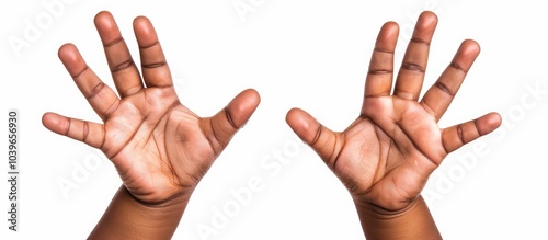 Child s hands are both open on a white background providing copy space image