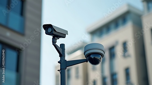 CCTV surveillance security camera video equipment on pole outdoor building safety system area control and copy space