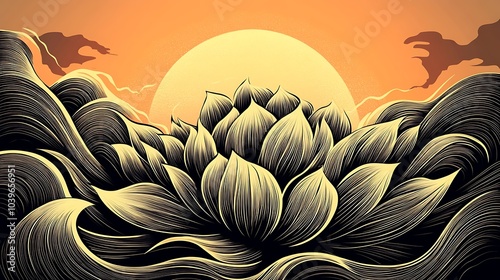 A mandala with a beautiful sunset gradient, transitioning from warm oranges to rich reds and purples. The intricate symmetrical patterns flow naturally, photo