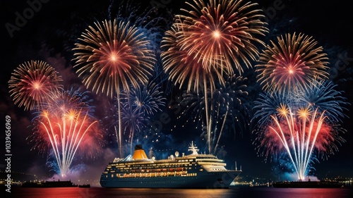A large cruise ship anchored in a harbor with a dazzling fireworks display illuminating the night sky. (1)