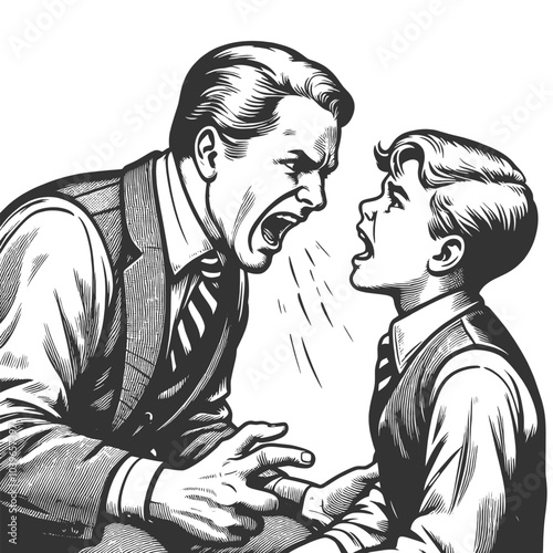 angry father man shouting at his son young boy, intense emotional confrontation, dramatic expression sketch engraving generative ai vector illustration. Scratch board imitation. Black and white image.