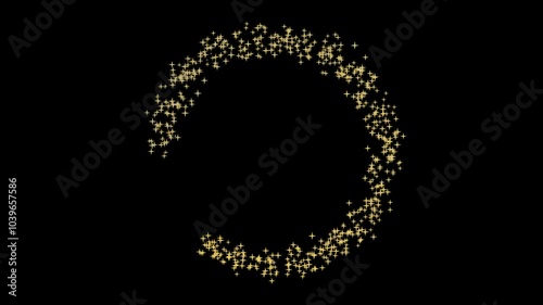 Gold glitter circle of light with sparkling particles on black background
