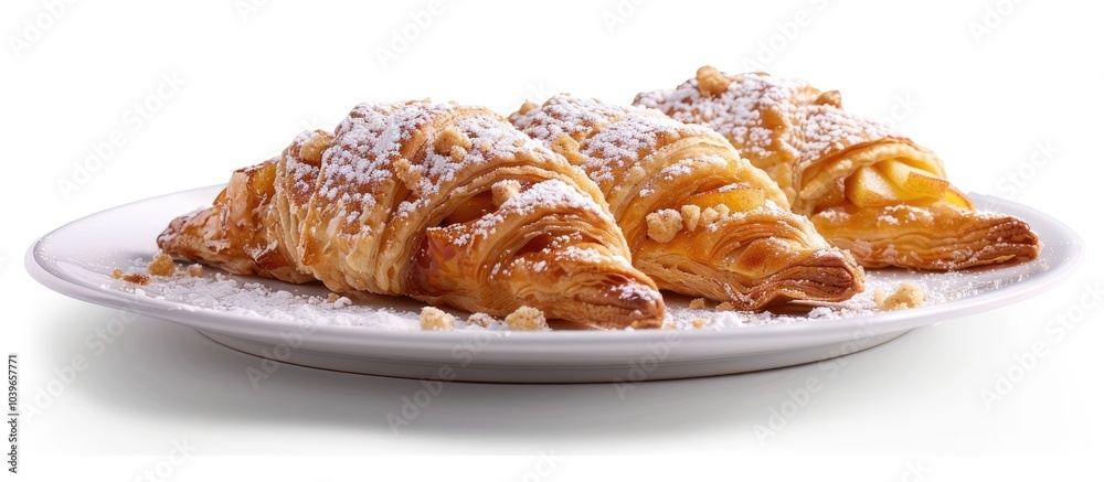 Apple pie danish arranged on a white plate with apple filling topped with powdered sugar and crumble displayed on a white background with copy space image Apple pie danish arranged on a white plate with apple filling topped with powdered sugar and crumble displayed on a white background with copy space image