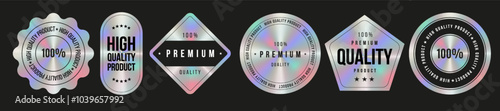 Set of color holographic sticker templates, label with holographic effect. Shiny rainbow emblems for premium quality product. Vector illustration