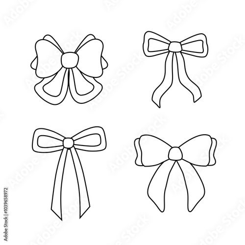 Bow silhouette set for gift wrapping for birthday, Christmas, New Year. Bow outline. Bow coquette y2k aesthetic ribbon, elegant accessory,  tie isolated on white background.