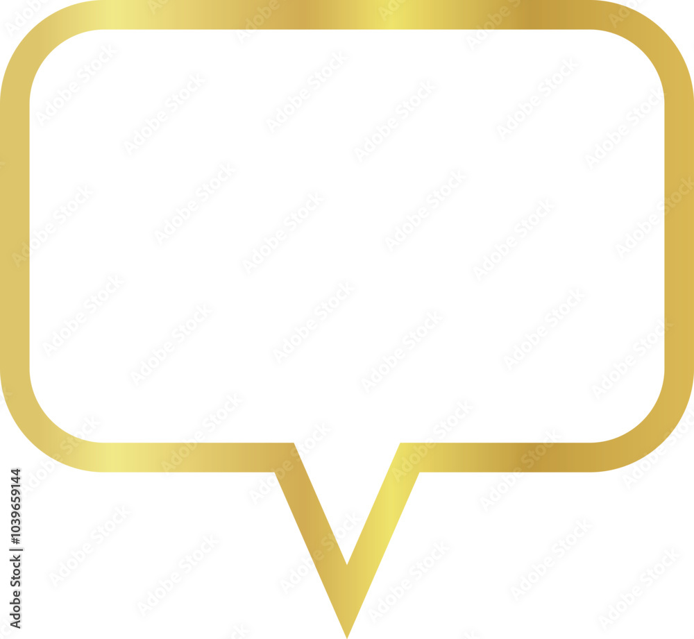 Fototapeta premium 3x2 aspect ratio gold metallic speech bubble with rectangular shape, rounded corners. Blank outline talk balloon with centered, sharp, downward-pointing triangular tail on transparent background. 