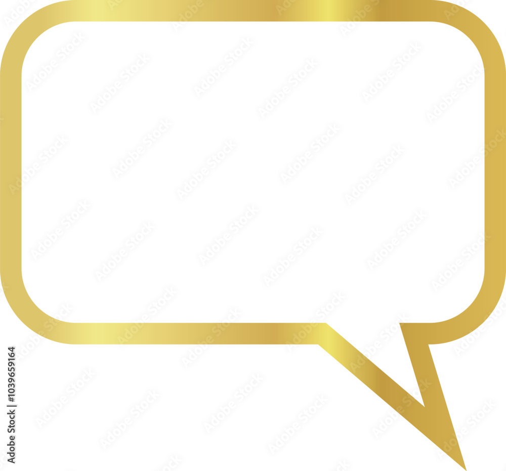 3x2 aspect ratio gold metallic speech bubble with rectangular shape, rounded corners. Blank outline talk balloon with sharp, downward-pointing triangular tail on the right on transparent background. 3x2 aspect ratio gold metallic speech bubble with rectangular shape, rounded corners. Blank outline talk balloon with sharp, downward-pointing triangular tail on the right on transparent background.