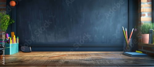 Back to school setting with a wooden desk featuring a chalkboard wall backdrop for showcasing school supplies and accessories in a copy space image