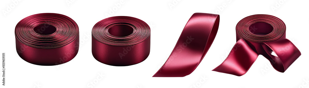 Three rolls of elegant red satin ribbon on a white isolated background. transparent background Three rolls of elegant red satin ribbon on a white isolated background. transparent background