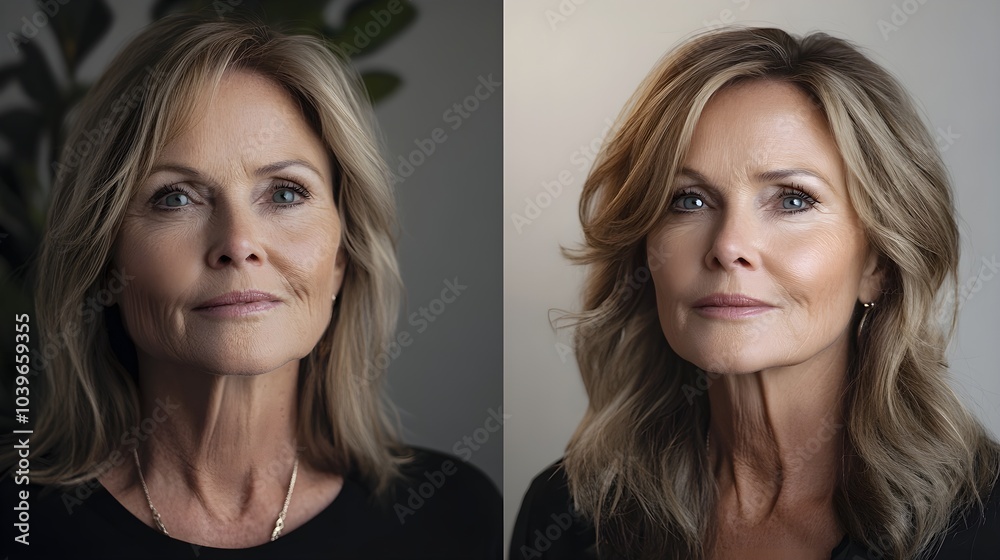 Facelift success story with visual comparison, highlighting dramatic improvement in skin elasticity and tone, Digital Illustration, Natural Lighting Facelift success story with visual comparison, highlighting dramatic improvement in skin elasticity and tone, Digital Illustration, Natural Lighting