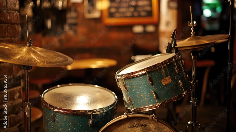 Naklejka premium Vintage Drum Set in Cozy Bar Atmosphere
