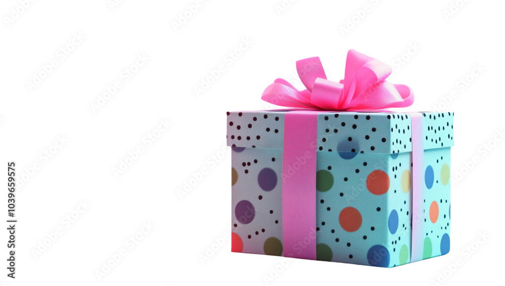 Obraz premium Colorful polka-dot gift box with ribbon, isolated on a white background