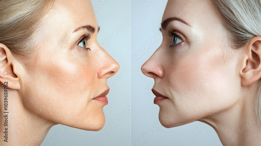 Side-by-side facial images showing long-term reduction in deep wrinkles and fine lines after a facelift, Natural Lighting, High-Resolution, Photorealistic Side-by-side facial images showing long-term reduction in deep wrinkles and fine lines after a facelift, Natural Lighting, High-Resolution, Photorealistic