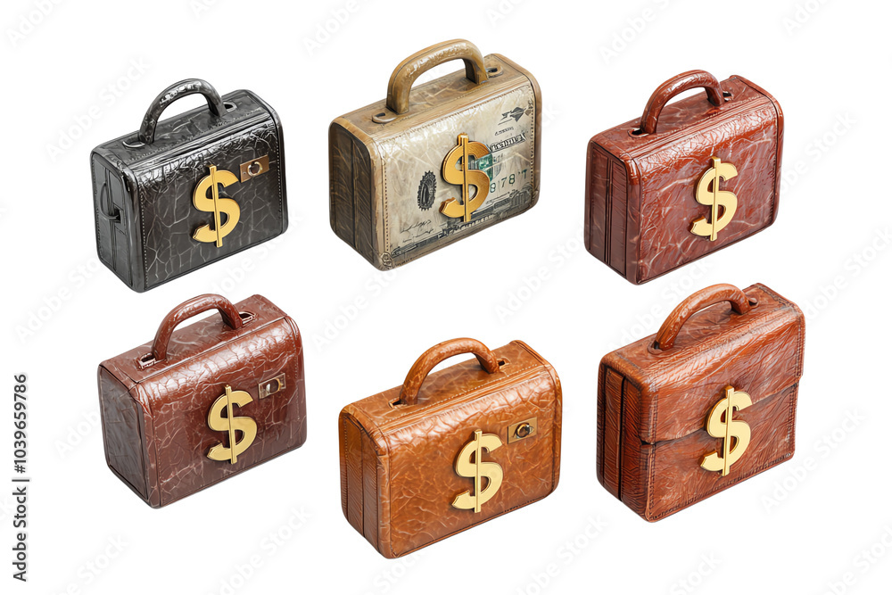 Various money briefcases with dollar signs, isolated on a white background. transparent background Various money briefcases with dollar signs, isolated on a white background. transparent background