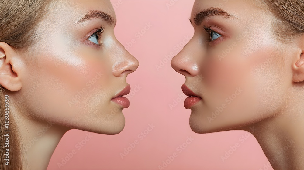Facial transformation after facelift, side-by-side images showing tightened skin and youthful contours, High Resolution, Soft Focus, Neutral Tones Facial transformation after facelift, side-by-side images showing tightened skin and youthful contours, High Resolution, Soft Focus, Neutral Tones