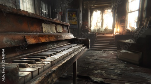 Abandoned piano in a dusty room with sunlight