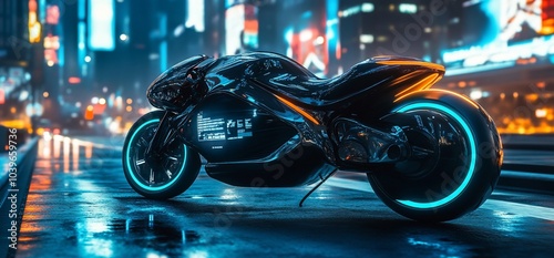 Futuristic motorcycle with neon lights in a cyberpunk city at night. photo