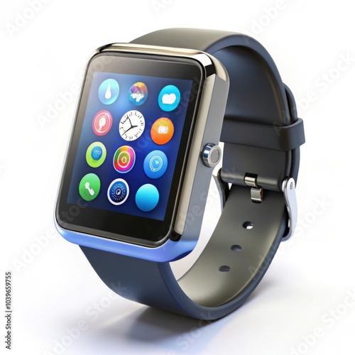 A modern smartwatch with a colorful interface, isolated on a white background. Perfect for technology, wearable tech, and smart device themes. photo