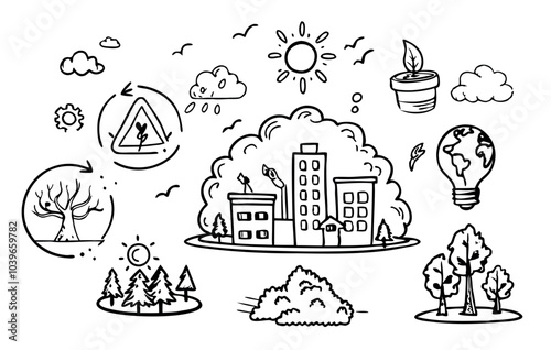 impact urbanization on environment infographic, buildings trees sun, change footprint warming global carbon greenhouse gases climate