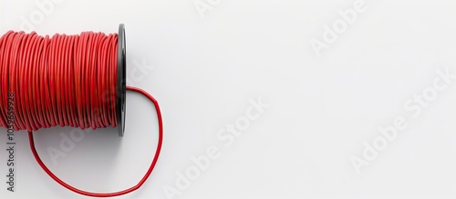 Top view of a spool of red electrical cable on a white backdrop with room for text or design elements in the photo. with copyspace image