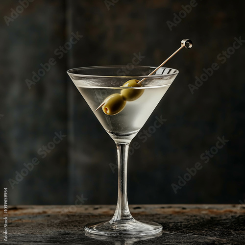 A crystal-clear Martini in a sleek glass with a green olive on a toothpick (generative AI)