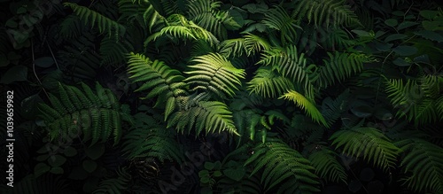 Lush green fern in a dim forest setting a bright light amidst the darkness surrounding it creating a striking contrast in this copy space image