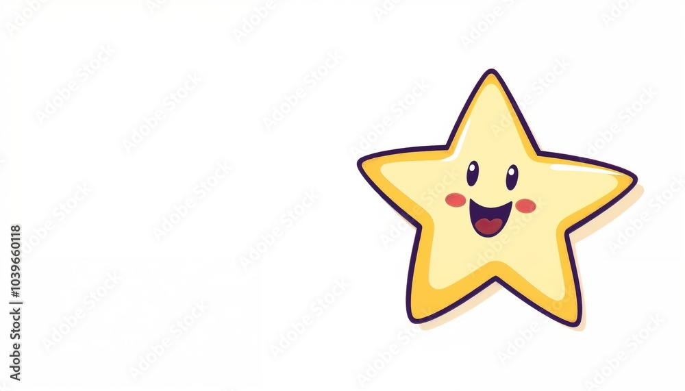 Cute smiling yellow star character on a white background with copy space for text, star decoration background