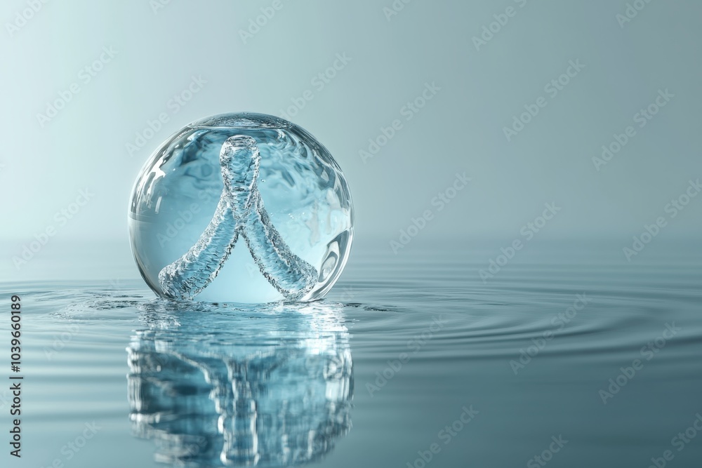A clear water sphere floating gently on calm water surfaces to create ripples in serene tranquility A clear water sphere floating gently on calm water surfaces to create ripples in serene tranquility