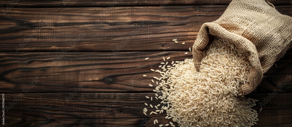 Top view of spilled organic whole Rice and Rice Bran Oryza sativa from a jute bag on a dark wooden backdrop with copy space image Top view of spilled organic whole Rice and Rice Bran Oryza sativa from a jute bag on a dark wooden backdrop with copy space image