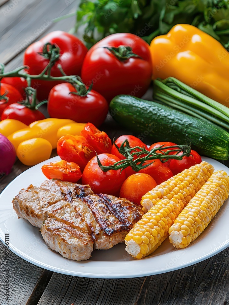 Colorful balanced diet lunch featuring fresh vegetables, lean meat, and wholesome grains for a healthy lifestyle. Colorful balanced diet lunch featuring fresh vegetables, lean meat, and wholesome grains for a healthy lifestyle.