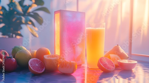 Futuristic juice carton with holographic design, placed on a minimalist breakfast table with glossy fruits, illuminated by beams of sunlight through a large window, cyberpunk style photo