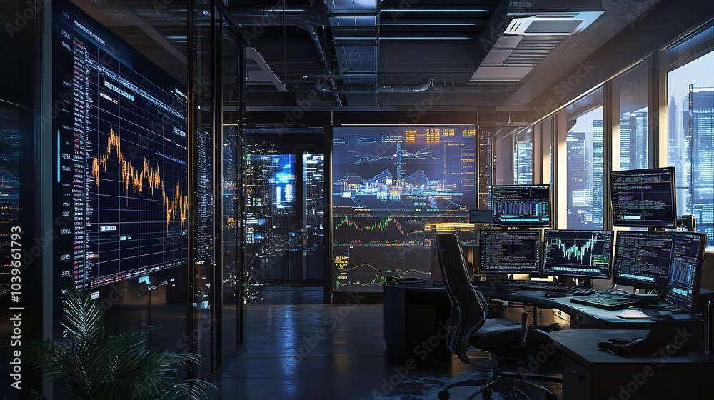 Modern Trading Room with Financial Charts and Screens Modern Trading Room with Financial Charts and Screens