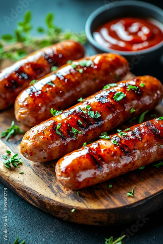 Three sausages on a wooden cutting board with ketchup and herbs