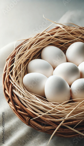 Close-Up of White Chicken Eggs in a Woven Straw Nest