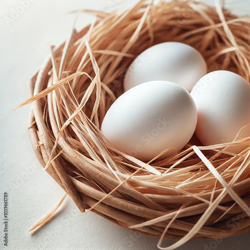 Close-Up of White Chicken Eggs in a Woven Straw Nest